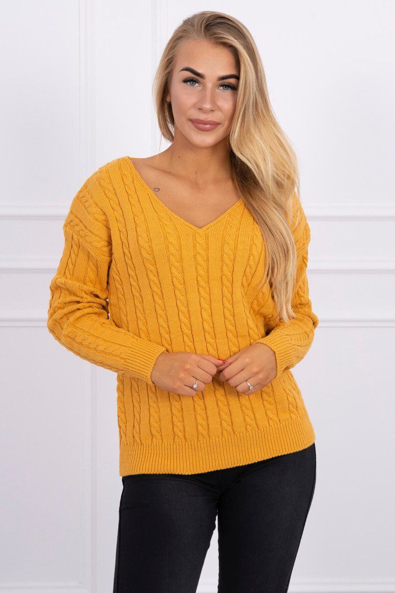 Pletený sveter s V výstrihom horčica