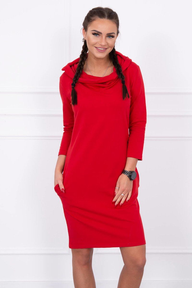 Jednofarebné šaty s kapucňou a vreckami farba červená